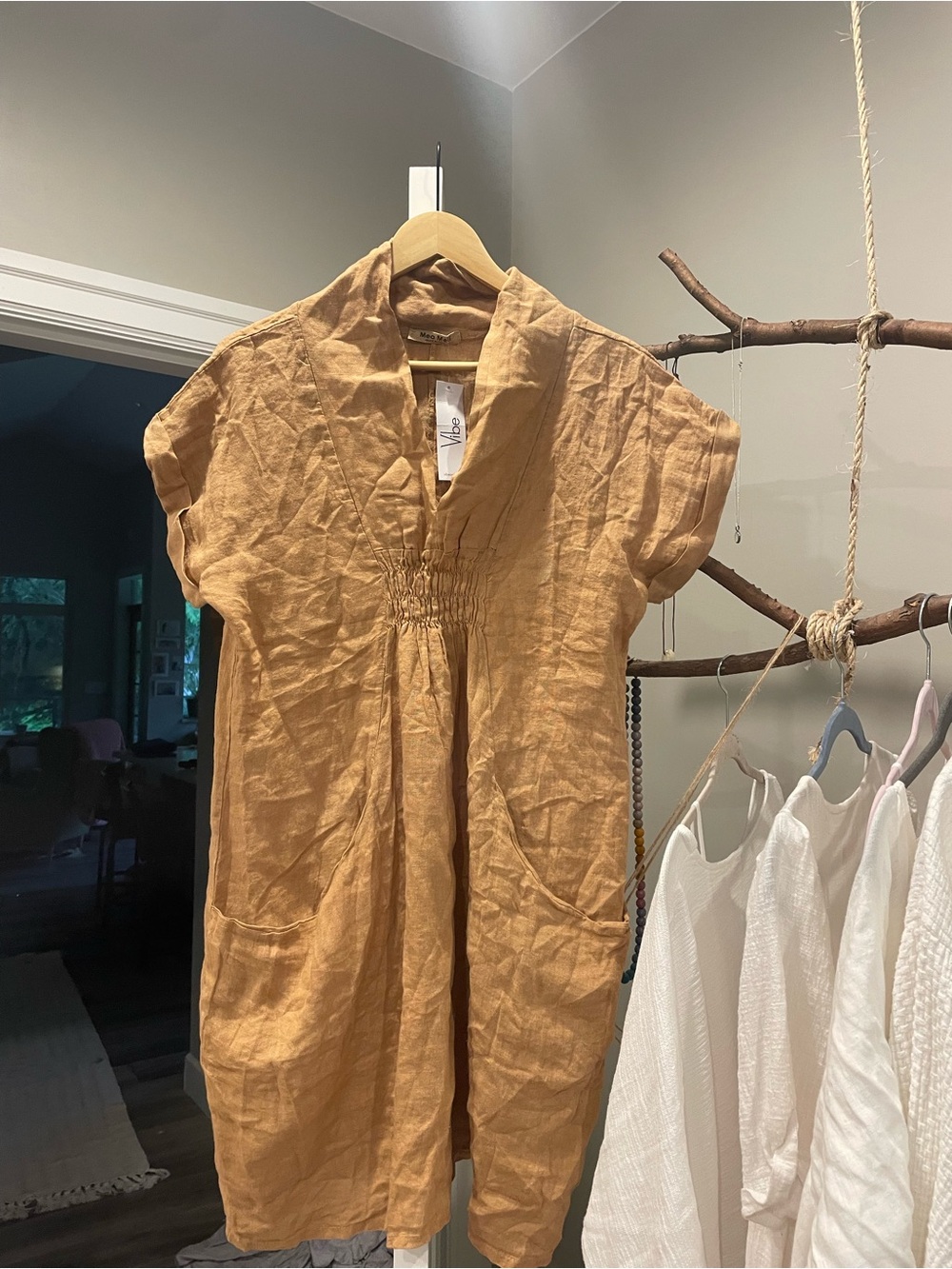 NWT Meo Meli Linen TAN pockets dress OS